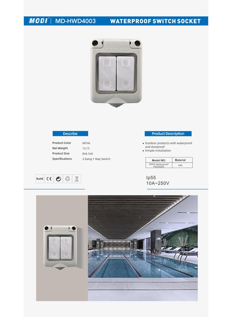 MODI Waterproof Outdoor Wall Switch IP55 Weatherproof 2 Gang 1 Way – Heavy-Duty ABS 10A/250V for Garden, Garage, Patio & Pool Area - Image 2