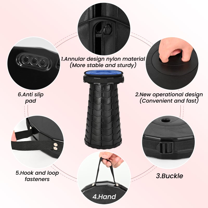 FXKS 2 Pack Upgraded Collapsible Stool Folding Stool with Cushion,Retractable Folding Stool Max Load Capacity 400lbs, Portable Telescoping Stools for Camping Hiking Outdoor BBQ -Black - Image 3