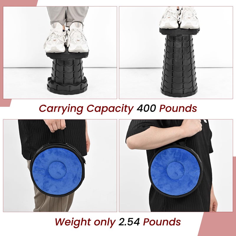 FXKS 2 Pack Upgraded Collapsible Stool Folding Stool with Cushion,Retractable Folding Stool Max Load Capacity 400lbs, Portable Telescoping Stools for Camping Hiking Outdoor BBQ -Black - Image 2