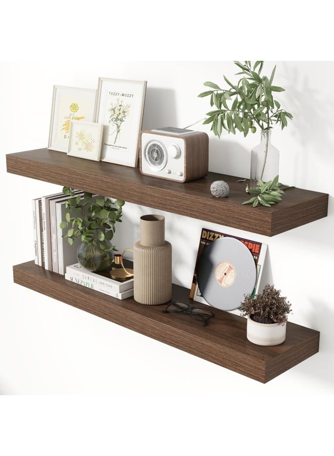 Heimlove 36 Inch Floating Shelves for Wall 8 Inch Deep Walnut Shelves Set of 2,Wall Mounted Rustic Wood Long Floating Shelf with Invisible Brackets for Bedroom Kitchen Living Room - Image 1