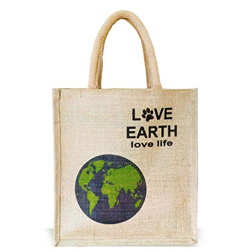 Sangra Stylish Printed Love Earth Unisex Multipurpose Jute Tote Lunch Bag with Zipper - Image 1