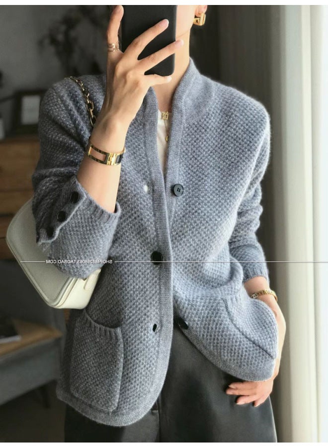 Gray Women's European Style Autumn Cashmere Stand Collar Knitted Cardigan, Thickened Sweater Coat