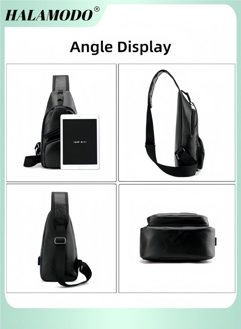 HALAMODO Men's Sling Bag Business Leather Sling Bag with USB Charging Port Waterproof Casual Daypack Chest Crossbody Bag Campus Travel Crossbody Bag - Image 3