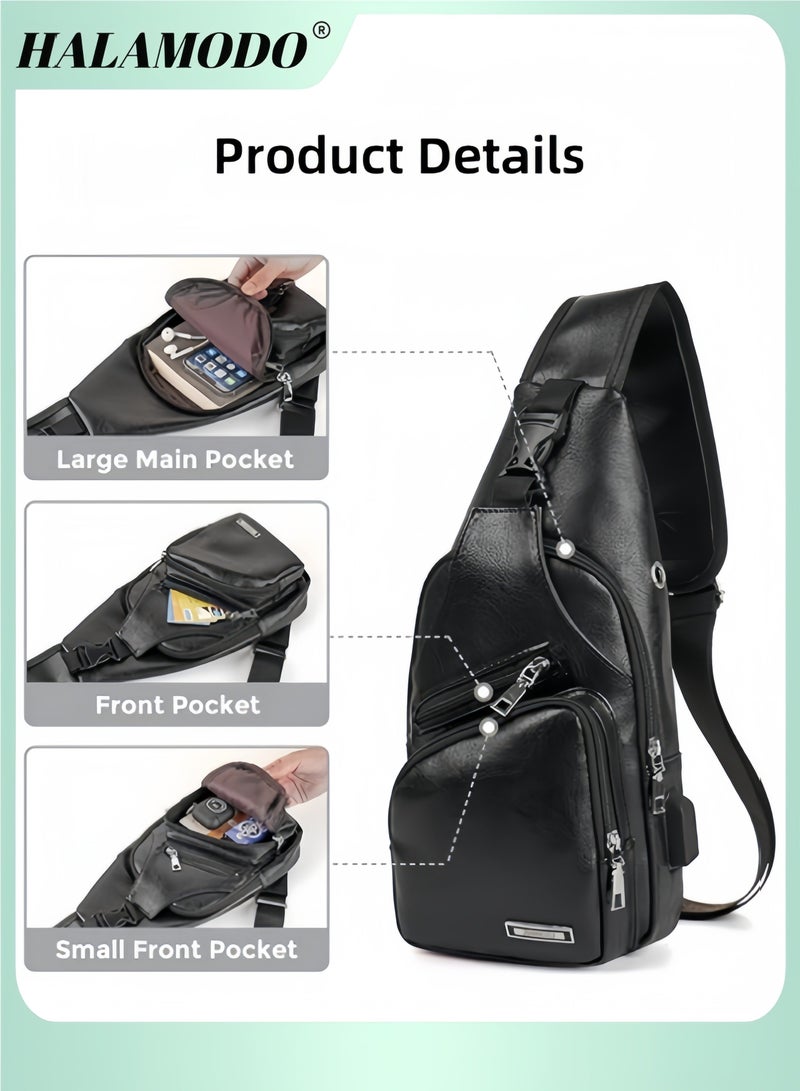 HALAMODO Men's Sling Bag Business Leather Sling Bag with USB Charging Port Waterproof Casual Daypack Chest Crossbody Bag Campus Travel Crossbody Bag - Image 2