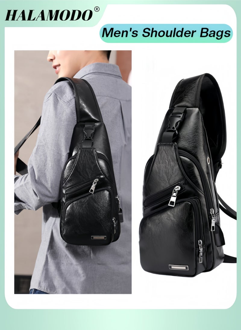 HALAMODO Men's Sling Bag Business Leather Sling Bag with USB Charging Port Waterproof Casual Daypack Chest Crossbody Bag Campus Travel Crossbody Bag - Image 1