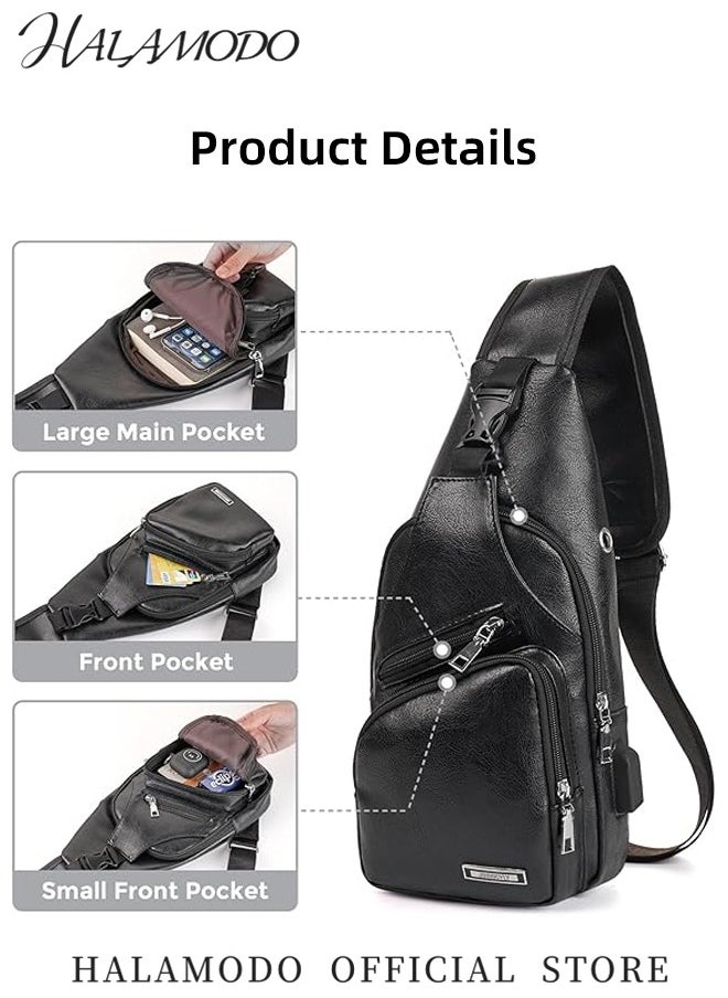 Generic Men's Sling Bag Business Leather Sling Bag with USB Charging Port Waterproof Casual Daypack Chest Crossbody Bag Campus Travel Crossbody Bag  - Image 2