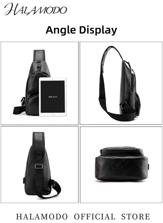 Generic Men's Sling Bag Business Leather Sling Bag with USB Charging Port Waterproof Casual Daypack Chest Crossbody Bag Campus Travel Crossbody Bag  - Image 3
