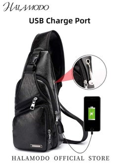 Generic Men's Sling Bag Business Leather Sling Bag with USB Charging Port Waterproof Casual Daypack Chest Crossbody Bag Campus Travel Crossbody Bag  - Image 5