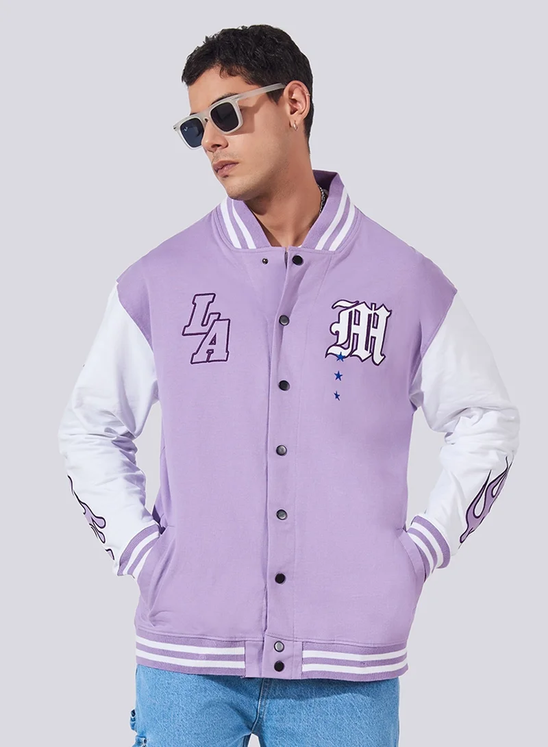 مانياك Maniac Mens Printed M Fullsleeve Lavender and White Loopnet Slim fit Jacket