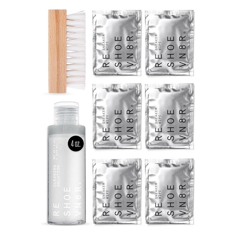 RESHOEVN8R Original Shoe Cleaning Kit â€“ Sneaker Cleaner with 4oz Solution, Medium Bristle Brush & 6 Sneaker Wipes â€“ Safe for Canvas, Mesh, Knit, Leather, Nubuck, Plastic & Rubber Shoes - Image 1