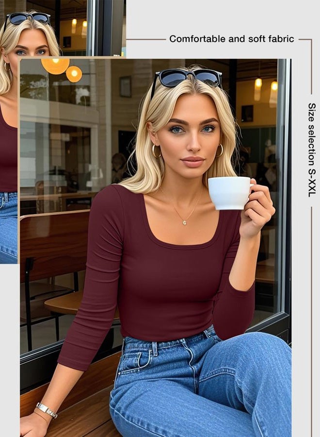 Riyiper 5 Pack Women's 3/4 Sleeve Shirts, Cotton Scoop Neck Tops Slim Fit Stretchy Basic T Shirts Casual Athletic Tees, Wine, Navy, White, Light Grey, Black, L - Image 2