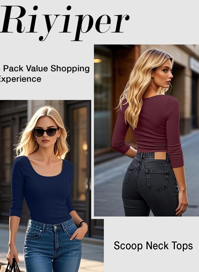 Riyiper 5 Pack Women's 3/4 Sleeve Shirts, Cotton Scoop Neck Tops Slim Fit Stretchy Basic T Shirts Casual Athletic Tees, Wine, Navy, White, Light Grey, Black, L - Image 4