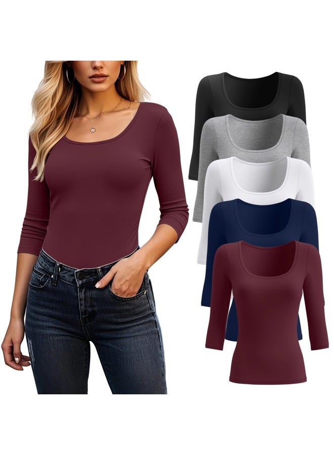 Riyiper 5 Pack Women's 3/4 Sleeve Shirts, Cotton Scoop Neck Tops Slim Fit Stretchy Basic T Shirts Casual Athletic Tees, Wine, Navy, White, Light Grey, Black, L - Image 1