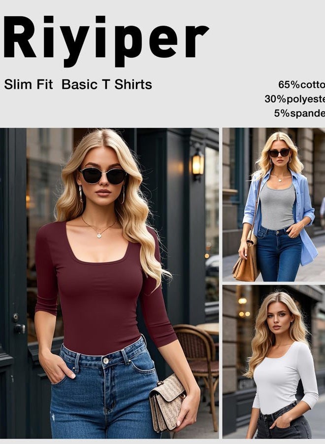 Riyiper 5 Pack Women's 3/4 Sleeve Shirts, Cotton Scoop Neck Tops Slim Fit Stretchy Basic T Shirts Casual Athletic Tees, Wine, Navy, White, Light Grey, Black, L - Image 5