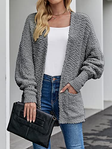 MEROKEETY Women's 2025 Winter Fuzzy Popcorn Batwing Sleeve Cardigan Knit Oversized Sherpa Sweater Coat, Grey, Medium - Image 4