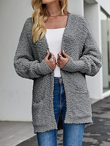 MEROKEETY Women's 2025 Winter Fuzzy Popcorn Batwing Sleeve Cardigan Knit Oversized Sherpa Sweater Coat, Grey, Medium - Image 3