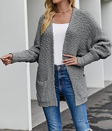 MEROKEETY Women's 2025 Winter Fuzzy Popcorn Batwing Sleeve Cardigan Knit Oversized Sherpa Sweater Coat, Grey, Medium - Image 2
