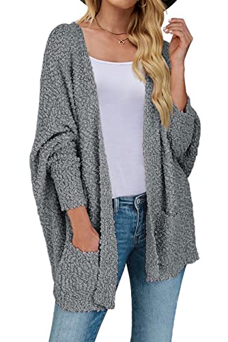 MEROKEETY Women's 2025 Winter Fuzzy Popcorn Batwing Sleeve Cardigan Knit Oversized Sherpa Sweater Coat, Grey, Medium - Image 1