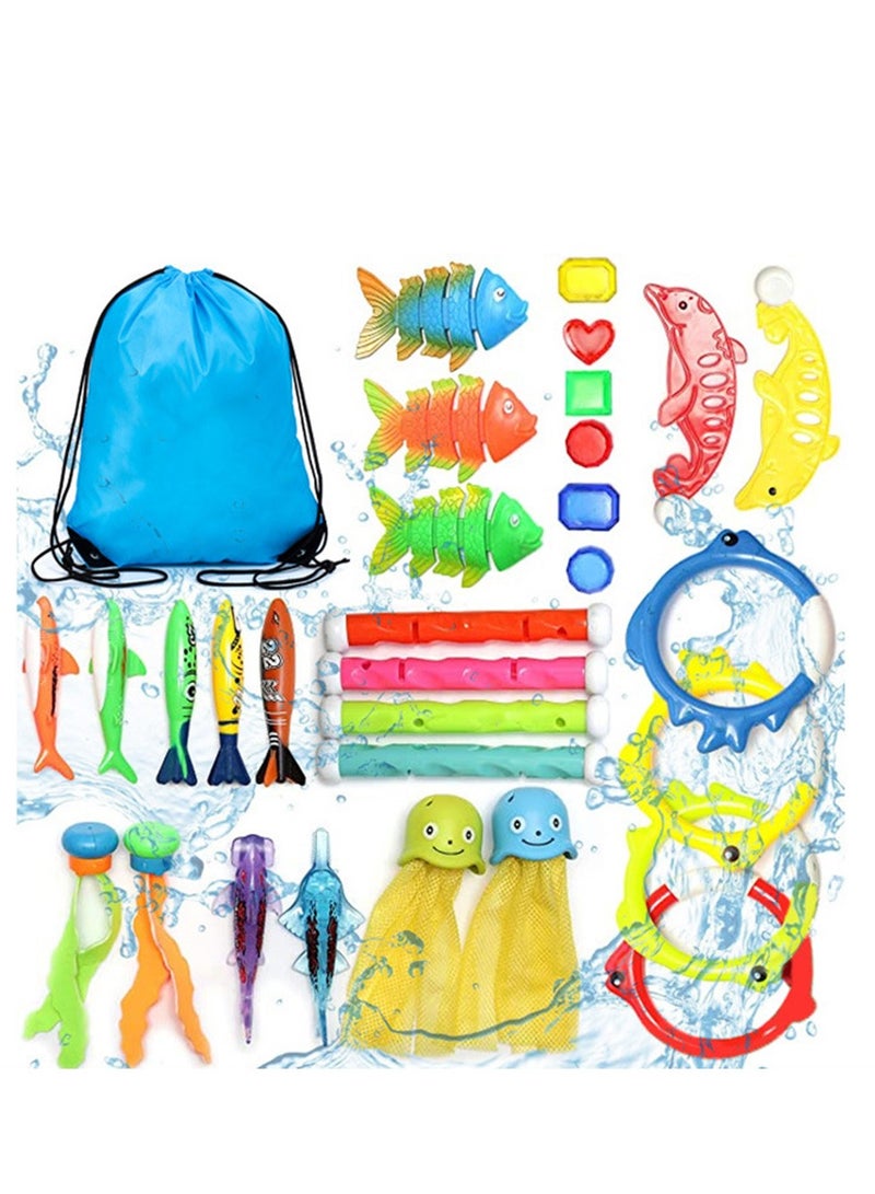 Diving Pool Toys 30 Pack, Swimming Pool Toys for Kids Includes 4 Diving Sticks, 4 Diving Rings, 6 Treasures, 3 Toypedo Bandits, 9 Fish Toys, 4 Octopus Water Toys with a Storage Bag - Image 1