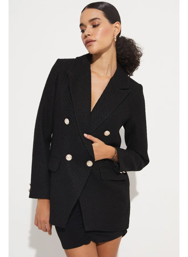 JUNE June Women 100% Cotton Double Breasted Button Detailed Plaid Woven Jacket Black
