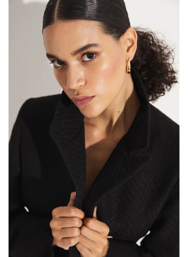 JUNE June Women 100% Cotton Double Breasted Button Detailed Plaid Woven Jacket Black