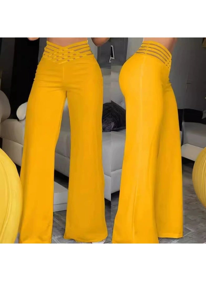 general Women's High Waist Wide Leg Pants, Crisscross Mesh Waistband Flare Trousers, Stretchy Body Shaping Palazzo Pants for Ladies - Image 1