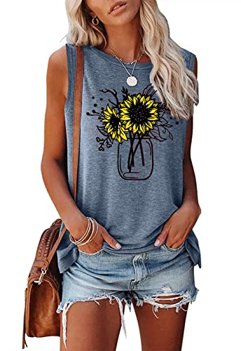 Bealatt Womens Sunflower Bouquet Vase Tank Top Summer Casual Sleeveless Top Tee Shirt Cute Plus Size Loose Fit Vacation Cotton Top Blue,L - Image 1