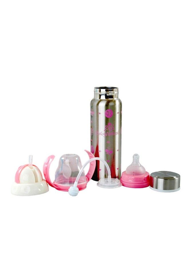 DOMENICO 3 In 1 Baby Steel Feeding Bottle Thermo Steel Multifunctional Sipper Nipple & Straw For New Born Babies;Toddlers Bpa Free;Stylish Design With Handle 240 Ml (For 3+ Month Baby) (Pink) - Image 1