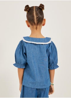 Styli Peter Pan Collar Denim Shirt with Lace Detail  - Image 4