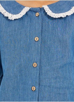 Styli Peter Pan Collar Denim Shirt with Lace Detail  - Image 3