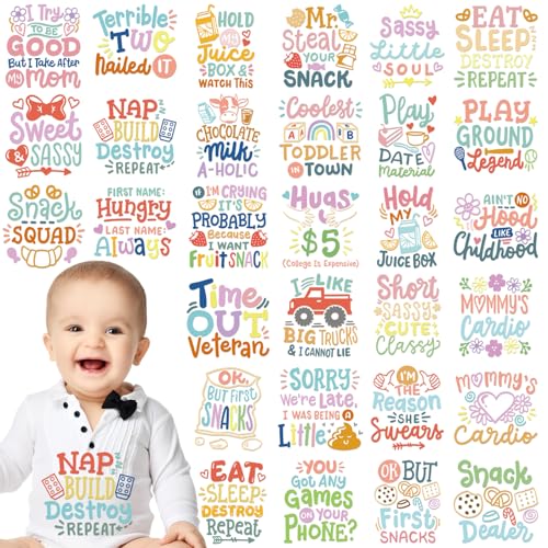 INCOK Funny Baby Quotes DTF Transfers Ready to Press - 30 Sheets Onesie Decorating Kit Baby Shower, Iron on Transfers for T Shirts Iron on Decals Patches for Bibs Bodysuit Pillow Cover DIY Gift - Image 2