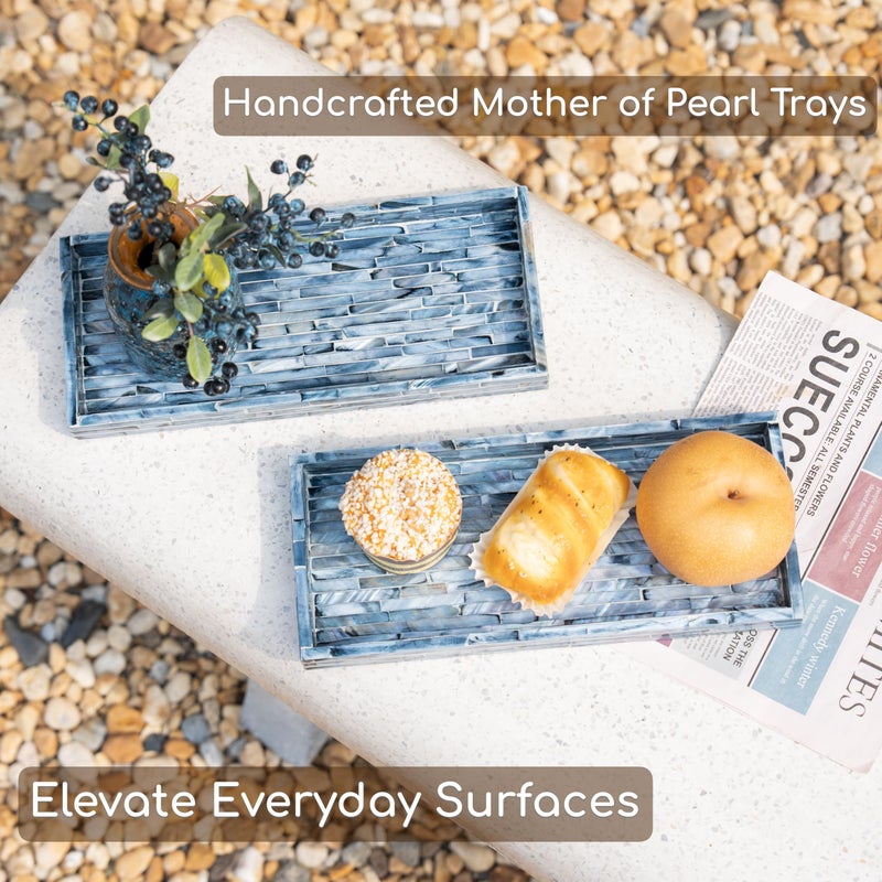 PEMAR Blue Mother of Pearl Tray Set of 2 â€“ Handcrafted Decorative Vanity & Countertop Organizer for Bathroom, Entryway, Coffee Table â€“ Elegant Home Decor Accent, 11.8" Lx5.1 Wx1 H - Image 2