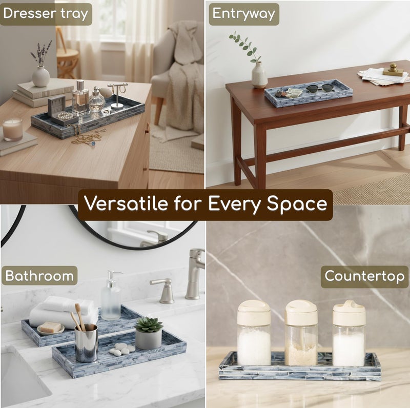PEMAR Blue Mother of Pearl Tray Set of 2 â€“ Handcrafted Decorative Vanity & Countertop Organizer for Bathroom, Entryway, Coffee Table â€“ Elegant Home Decor Accent, 11.8" Lx5.1 Wx1 H - Image 3