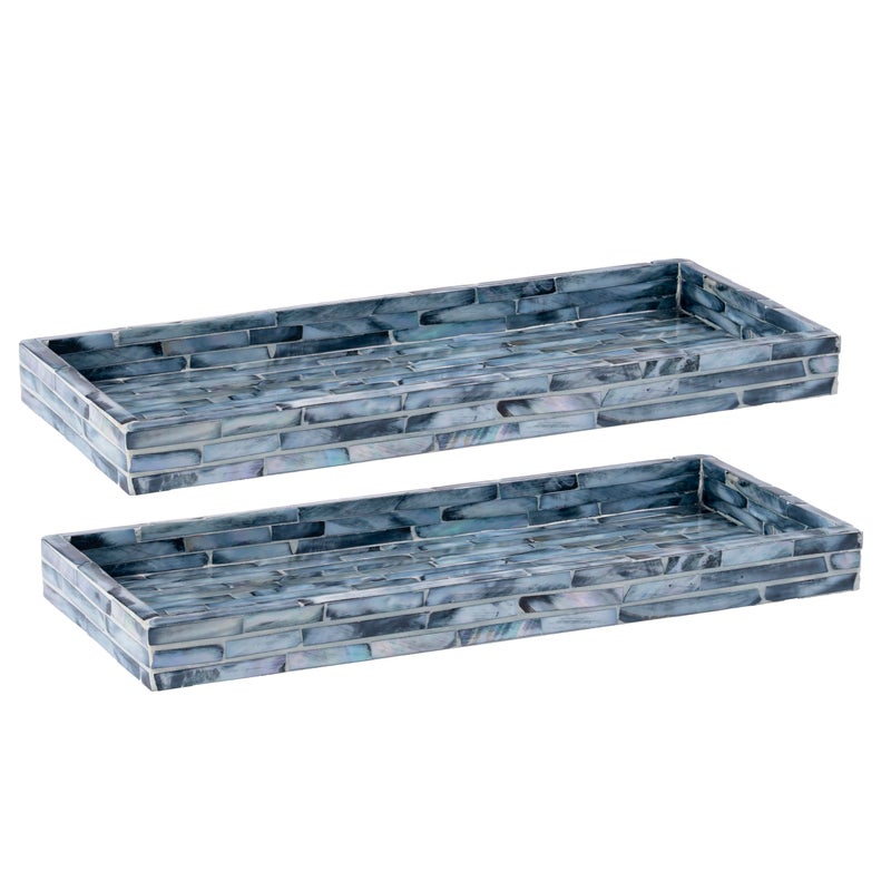 PEMAR Blue Mother of Pearl Tray Set of 2 â€“ Handcrafted Decorative Vanity & Countertop Organizer for Bathroom, Entryway, Coffee Table â€“ Elegant Home Decor Accent, 11.8" Lx5.1 Wx1 H - Image 1