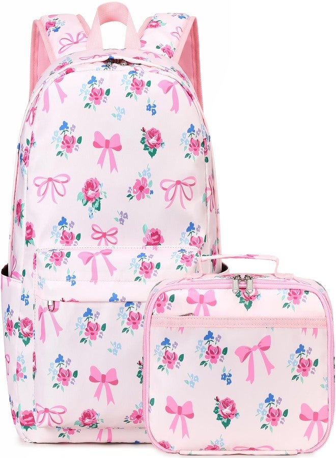 DSIUE School Backpacks for Girls and Boys Kids Backpack with Lunch Box Elementary Back Pack Bookbag, Bowknot Pink, 12.2" x 17" x 6" - Image 1