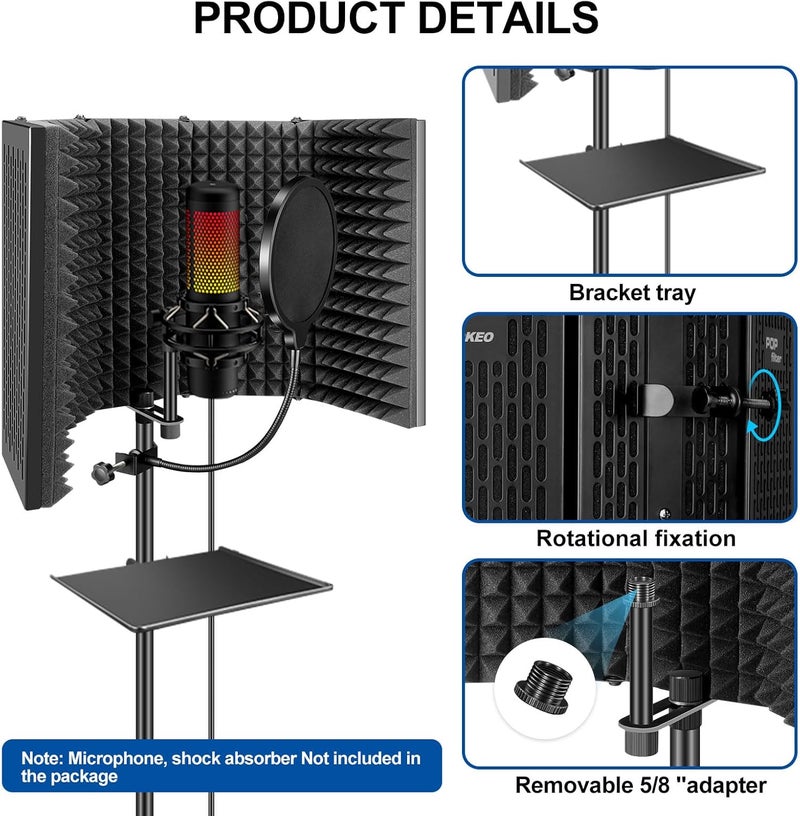 Aokeo Studio Recording Microphone Isolation Shield with Pop Filter & Tripod Stand, High Density Absorbent Foam to Filter Vocal, Foldable Sound Shield for Blue Yeti and Condenser Microphones - Image 4