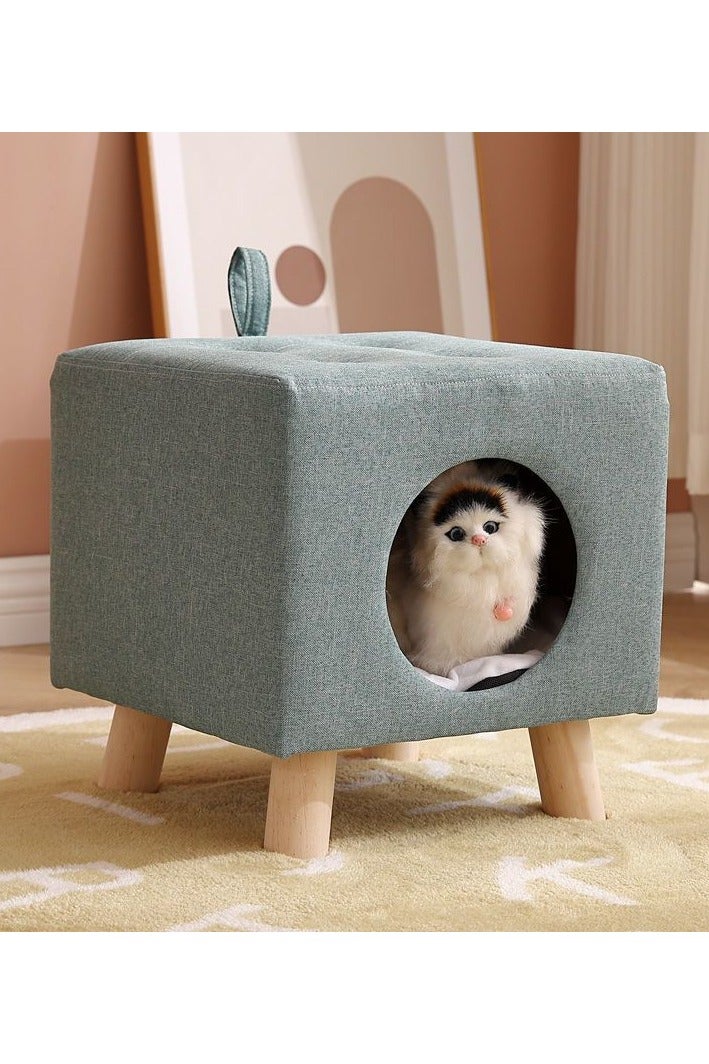 A.M Square Cat Bed Stool with Solid Wood Legs, Multipurpose Pet House/Cat Hideaway, Kittens Nest Used as Foot Stool/Footrest, Easy to Move - Image 1