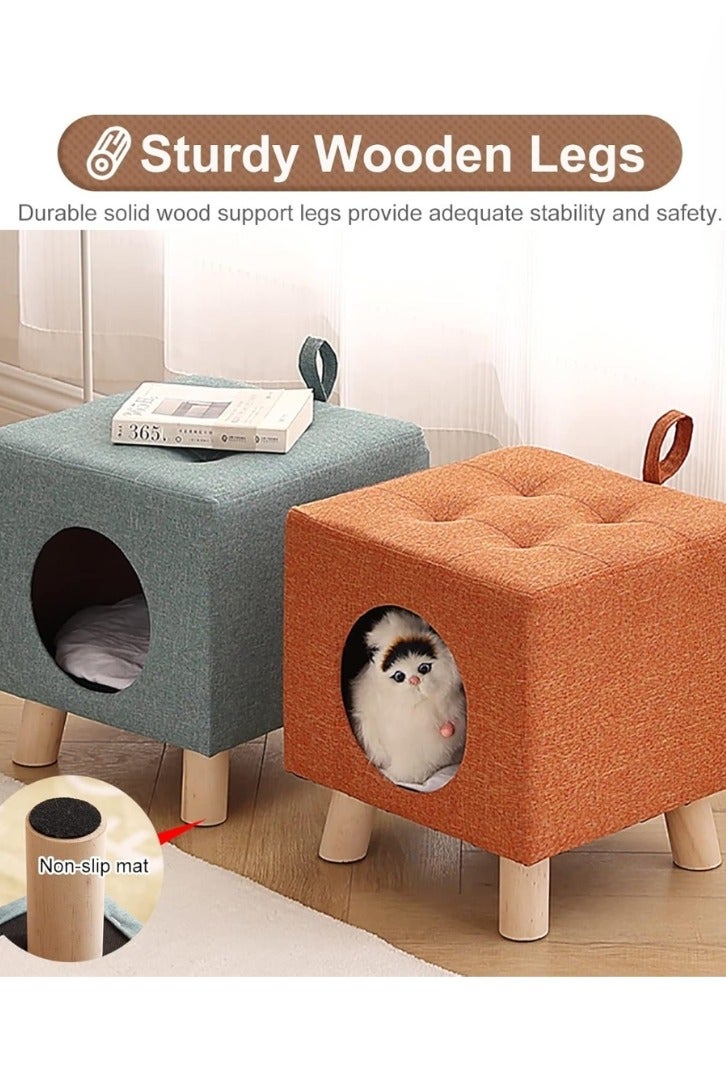 A.M Square Cat Bed Stool with Solid Wood Legs, Multipurpose Pet House/Cat Hideaway, Kittens Nest Used as Foot Stool/Footrest, Easy to Move - Image 3