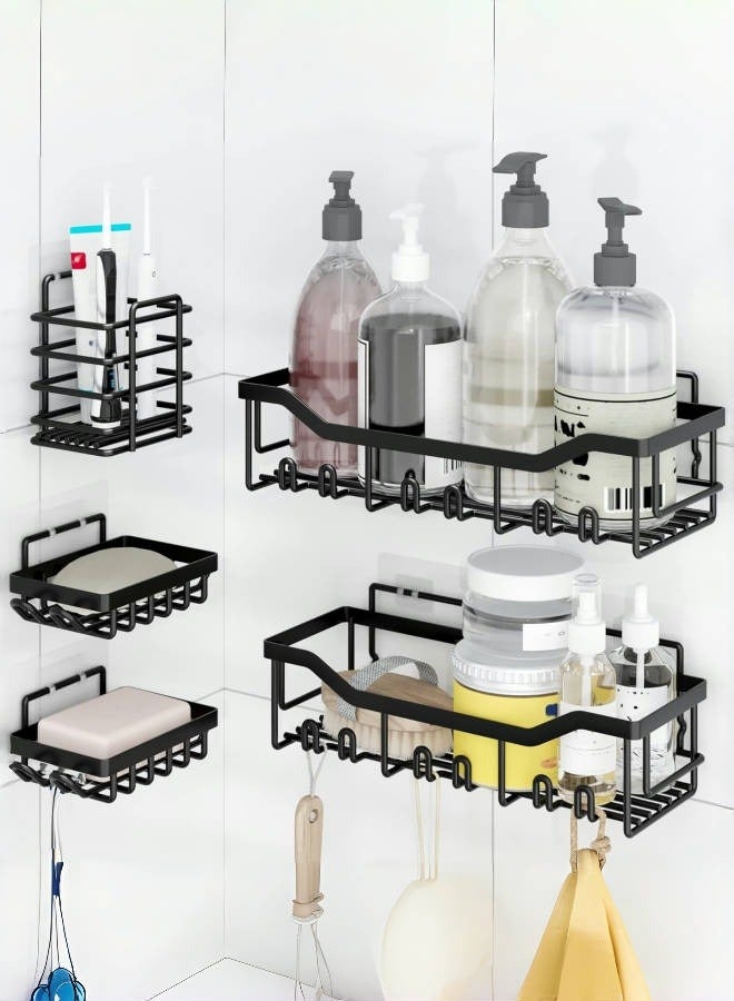متجر الفرح مجموعة رفوف دش من الفولاذ المقاوم للصدأ مكونة من 5 قطع، منظم حمام لاصق بدون مثقاب، رفوف دش موفرة للمساحة لأساسيات الشقة، تخزين الحمام/المطبخ وديكور منزلي مناسب للإيجار - Image 1