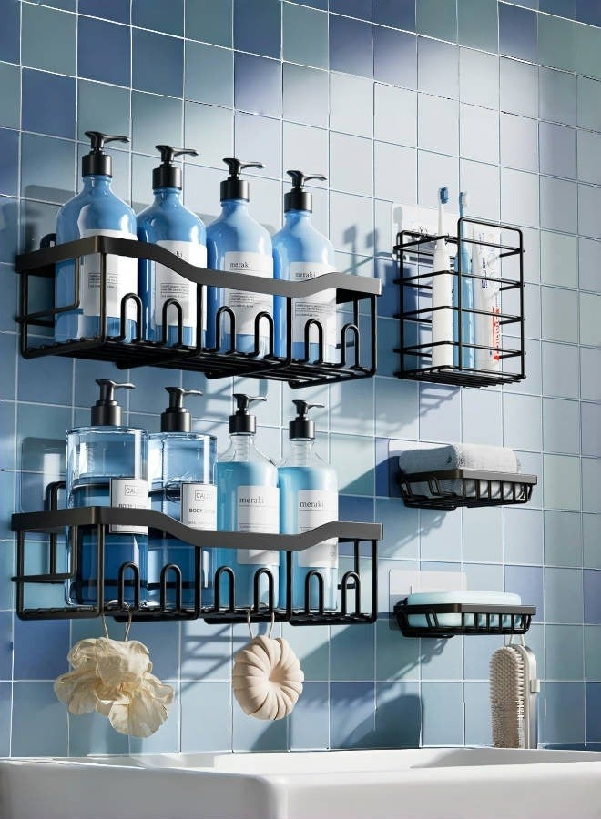 متجر الفرح مجموعة رفوف دش من الفولاذ المقاوم للصدأ مكونة من 5 قطع، منظم حمام لاصق بدون مثقاب، رفوف دش موفرة للمساحة لأساسيات الشقة، تخزين الحمام/المطبخ وديكور منزلي مناسب للإيجار - Image 3