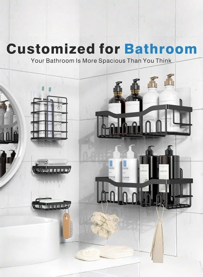 متجر الفرح مجموعة رفوف دش من الفولاذ المقاوم للصدأ مكونة من 5 قطع، منظم حمام لاصق بدون مثقاب، رفوف دش موفرة للمساحة لأساسيات الشقة، تخزين الحمام/المطبخ وديكور منزلي مناسب للإيجار - Image 4