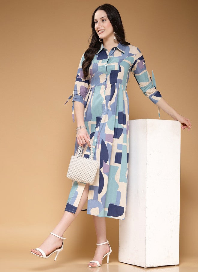 LARGISH Cotton Abstract Printed Midi Shirt Dress - Image 1