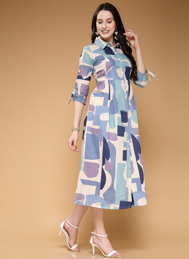 LARGISH Cotton Abstract Printed Midi Shirt Dress - Image 4