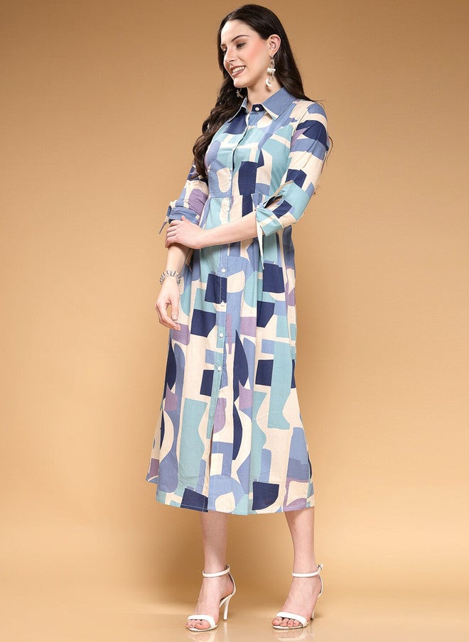 LARGISH Cotton Abstract Printed Midi Shirt Dress - Image 5