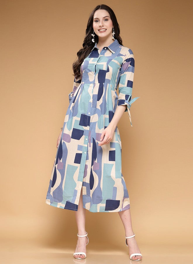 LARGISH Cotton Abstract Printed Midi Shirt Dress - Image 2
