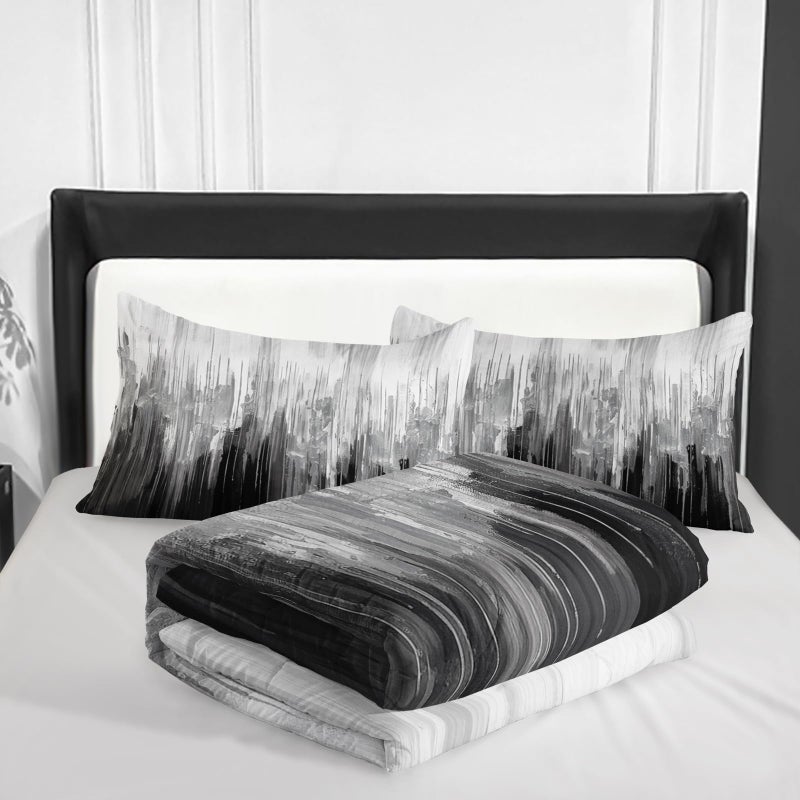 Nttopship Grey Black White Gradient Print Comforter Set Queen Size,Abstract Art Bedding Set,Patchwork Printed Quilted Set for Teens Adult,with 1 Comforter and 2 Pillow Case - Image 4