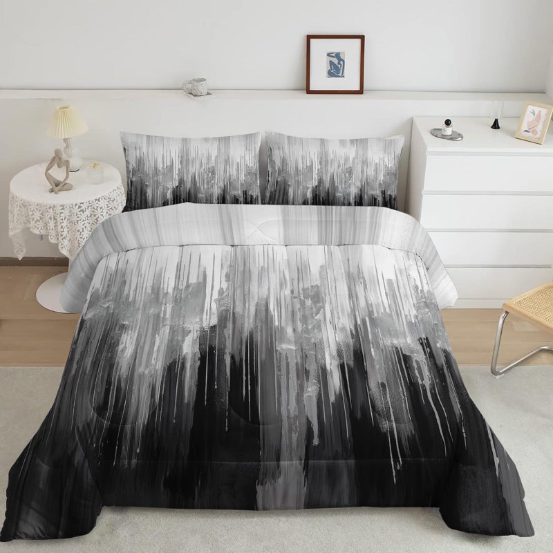 Nttopship Grey Black White Gradient Print Comforter Set Queen Size,Abstract Art Bedding Set,Patchwork Printed Quilted Set for Teens Adult,with 1 Comforter and 2 Pillow Case - Image 1