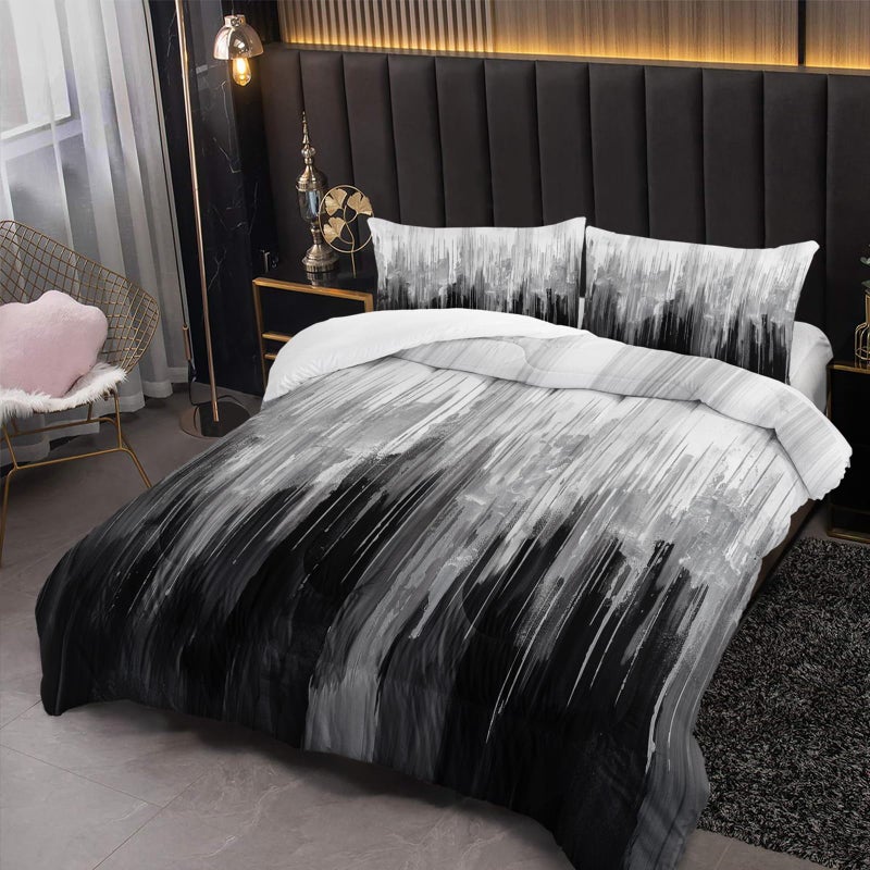 Nttopship Grey Black White Gradient Print Comforter Set Queen Size,Abstract Art Bedding Set,Patchwork Printed Quilted Set for Teens Adult,with 1 Comforter and 2 Pillow Case - Image 2