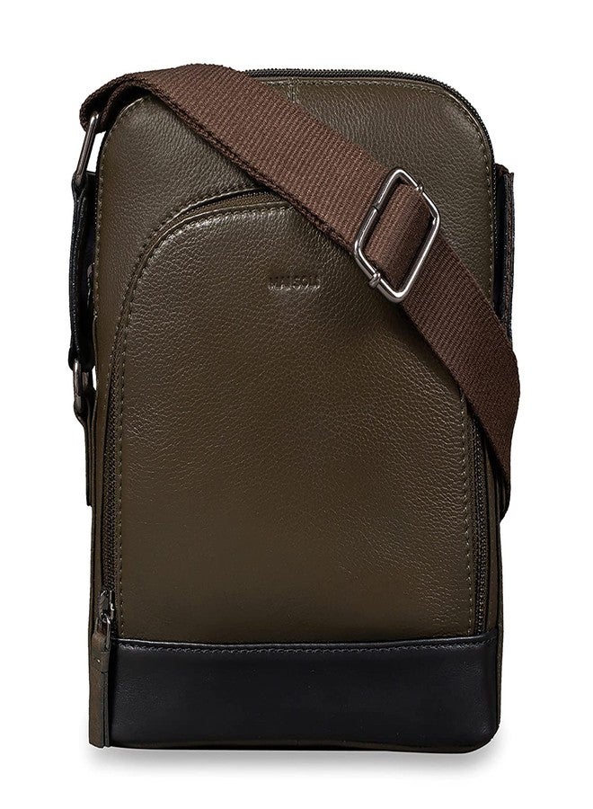 MAI SOLI Genuine Leather Commuter Slim Crossbody Sling Bag for Men's & Zip closure with Adjustable Straps - Olive Green - Image 1