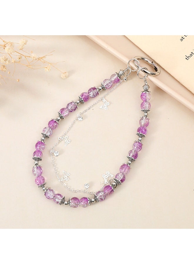 NIBEMINENT Beaded Phone Lanyard, Anti Lost Removable Wrist Strap, Butterfly Rose Bracelet Pendant, Phone Keychain Lanyard,K1354/Purple Crack Pearl